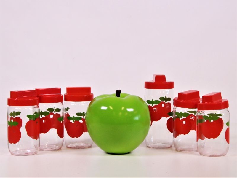 6 Gulf/Henkel voorraadpotten + decoratieve appel